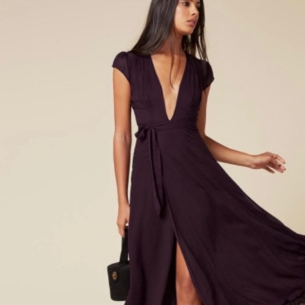 Reformation black tencel and linen deep v wrap midi dress with side bow